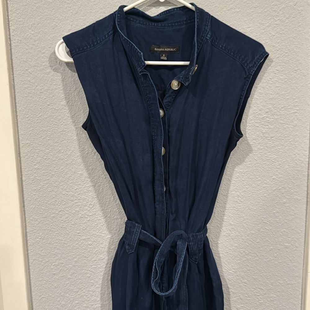 Banana Republic Utility Jumpsuit Sleeveless Chambray Denim Button Tie Pickets - Picture 3 of 14